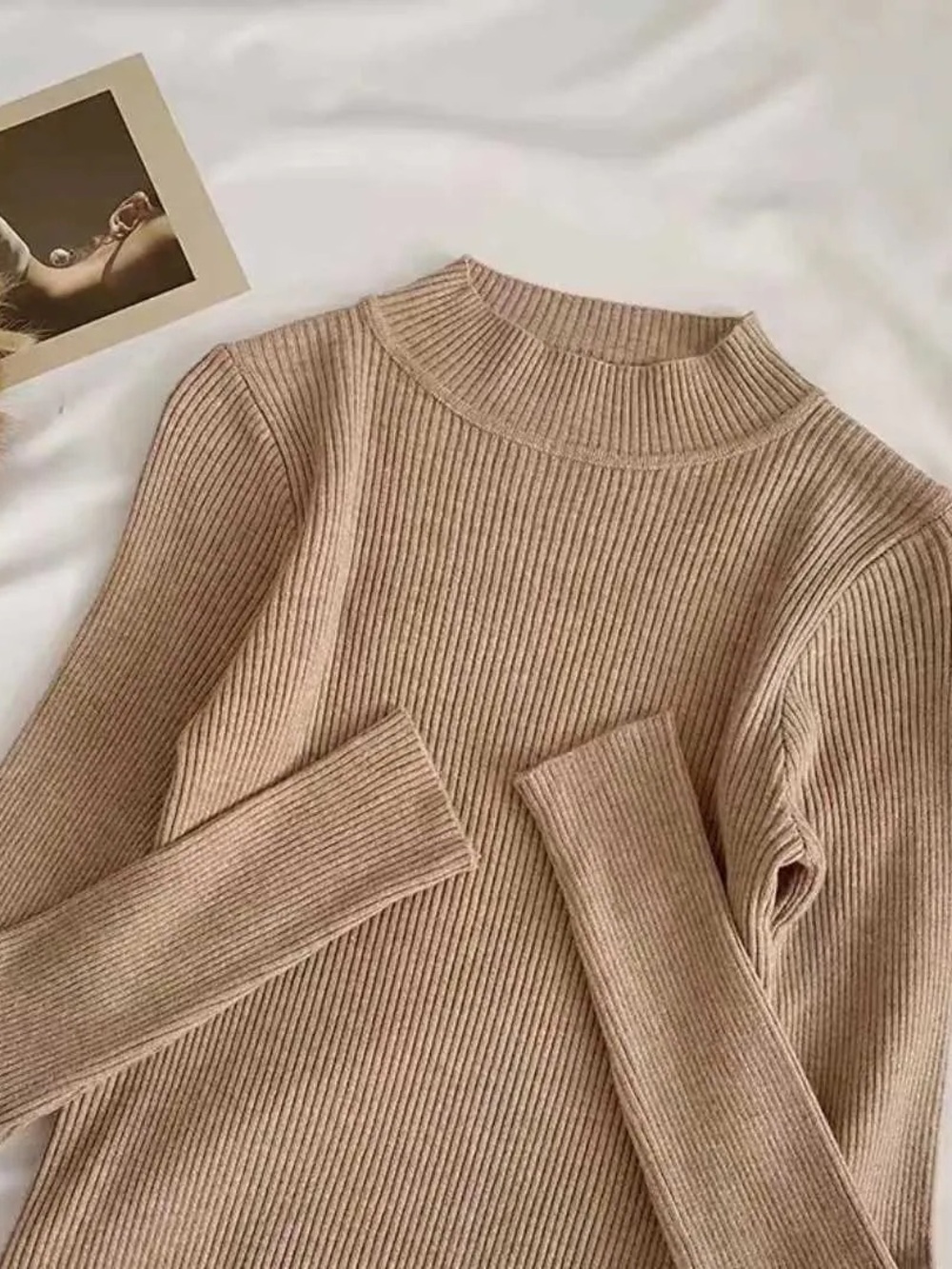 White Birch Tan Ribbed Mock neck Turtleneck